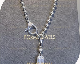 3 CT Emerald Cut Moissanite Diamond Lobster Necklace, 14K White Gold Ball Chain