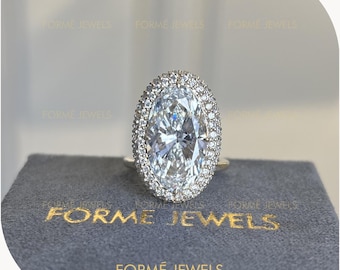 8 CT Elongated Oval Double Halo Lab Diamond Ring, 14K Yellow Gold Engagement Ring