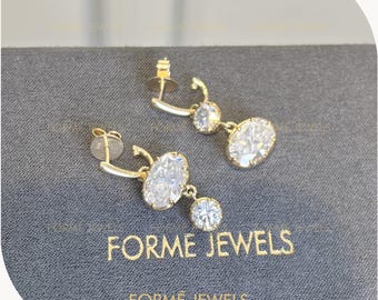 Asymmetric Oval & Round Moissanite Hoop Earrings : 14K Yellow Gold, Georgian Style Button Back