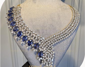 HIGH 108 CT Asymmetrical Lab Blue Sapphire Collar Necklace, Lab Diamond Statement Bridal Jewelry