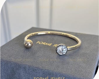3.5 CT Round Lab Diamond Open Cuff Stackable Bangle, Georgian Style Gold Blackened Bracelet