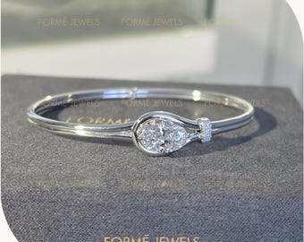 3 CT Oval Lab Grown Diamond Bracelet, White Gold Teardrop Bangle Cuff