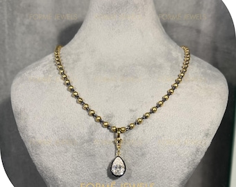 3CT Pear Moissanite Ball n Chain Necklace: 14k Yellow Gold Blackened, Georgian Collet Set