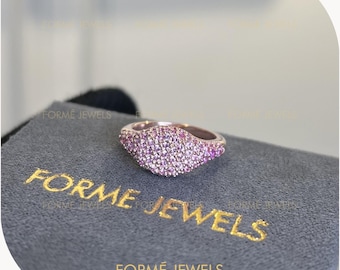 Baby Pink Lab Sapphire Half Pave Domed Pinky Ring, 14K Rose Gold, Chunky Ring