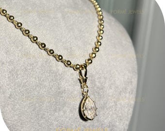 3 CT Pear Moissanite Ball n Chain Necklace: 14K Yellow Gold, Georgian Collet