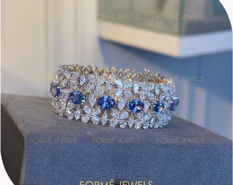 High Jewelry Lab Blue Sapphire and Diamond Tennis Bracelet, LUXE Bridal Jewelry, Dual Tone