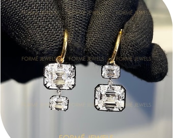 Asymmetric Emerald Moissanite Hoop Earrings : Yellow Gold Georgian Cut Down, Button Back Drops
