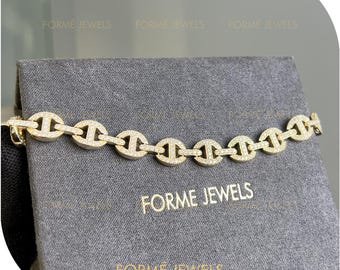 14K Yellow Gold Dainty Pave Anchor Link Bracelet for Her, Sparkly Mariner Chain, H Bracelet