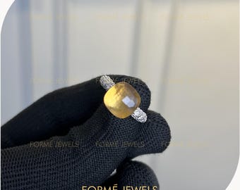 10 CT Natural Citrine Cushion Cut Ring, 14k White Gold, Pave Moissanite Band