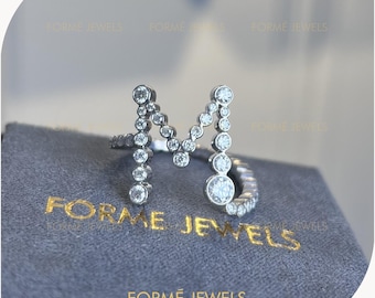 The M Moissanite Bezel Ring, Bypass Ring Pave Diamond Wrap Band, Modern Luxury Cocktail Gift