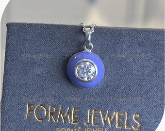 1 CT lavender Blue Enamel Moissanite Pendant, Periwinkle Gold Solitaire Charm, Playful Stacking