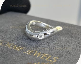 3mm Moissanite Wave Ring, Sculptural Minimalist Dome Ring, Fluid Organic Wedding Band, White Gold