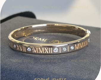 Custom Roman Numeral Diamond Bracelet : 18K Solid Gold, Personalised Cuff