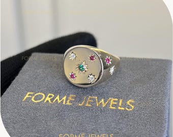Starburst Gemstone Signet Ring : 14k Gold Vintage Celestial Pinky Ring, Unique statement Gift