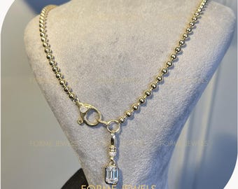 3 CT Emerald Cut Moissanite Diamond Lobster Necklace, 14K Yellow Gold Blackened Ball Chain