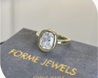 2 CT Elongated Cushion Moissanite Statement Ring : Gold Bezel Fluid Organic Solitaire Ring