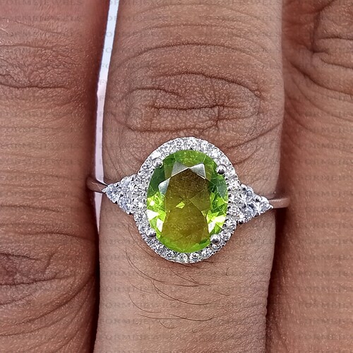 2.70 TCW Oval Cut Green Peridot Halo Engagement Ring, 14K White shops Gold Ring, Round Cut Moissanite Wedding Ring, Diamond Anniversary Gift Ring
