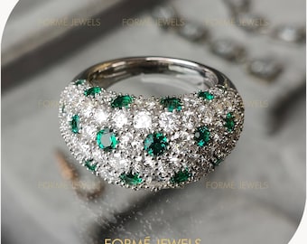Lab Emerald Moissanite Pavé Dome Ring, White Gold Cocktail Statement Ring
