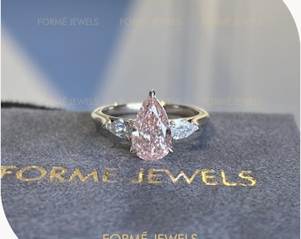 1.71 CT Pear Cut Pink Lab Diamond Engagement Ring, Three Stone Fancy Ring