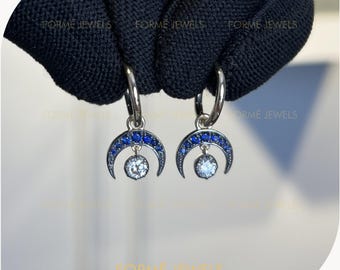 Crescent Moon Blue Lab Sapphire Earrings : Blackened 14K Yellow Gold Gypset Hoop Drops