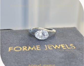 2 CT East West Oval Moissanite Bezel Ring, Flush Gypsy Set Signet, Sculptural Statement Ring