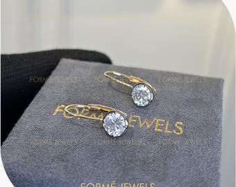 2 TCW Round Moissanite Diamond Drop Bezel Leverback Earrings, Georgian Style Bridal Jewelry