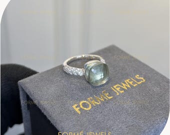 10 CT Green Amethyst Cushion Cut Ring, 14k White Gold, Pave Moissanite Band