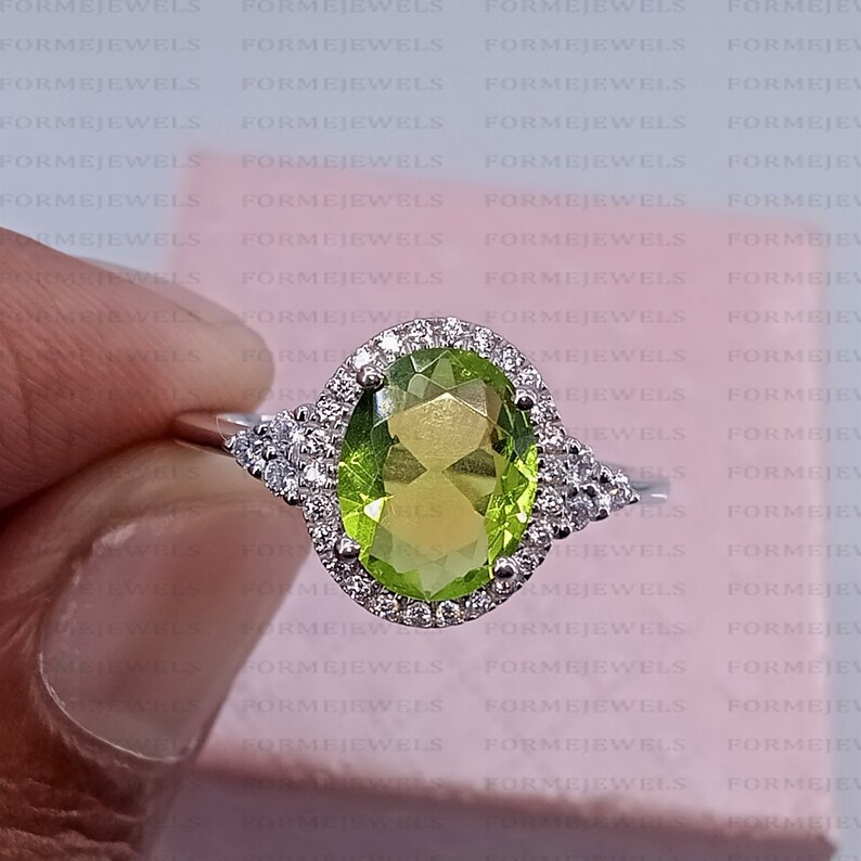 2.70 TCW Oval Cut Green Peridot Halo Engagement Ring, 14K White shops Gold Ring, Round Cut Moissanite Wedding Ring, Diamond Anniversary Gift Ring