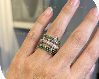 Green Emerald and Moissanite Pave Linked Eternity Ring : 5 Interlocking Band Statement