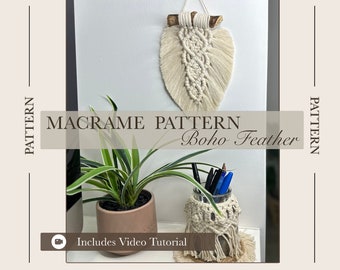 Patrón de macramé en PDF con plumas bohemias, descarga digital instantánea, colgante de pared de macramé para hacer uno mismo, tutorial de plumas de macramé, arte de pared