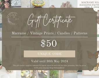 Boho Decor Gift Certificate Home Decor 50 Dollars Boho Gift Voucher Home Decor Gift Card Last Minute Gift Vintage Decor Gift For Her