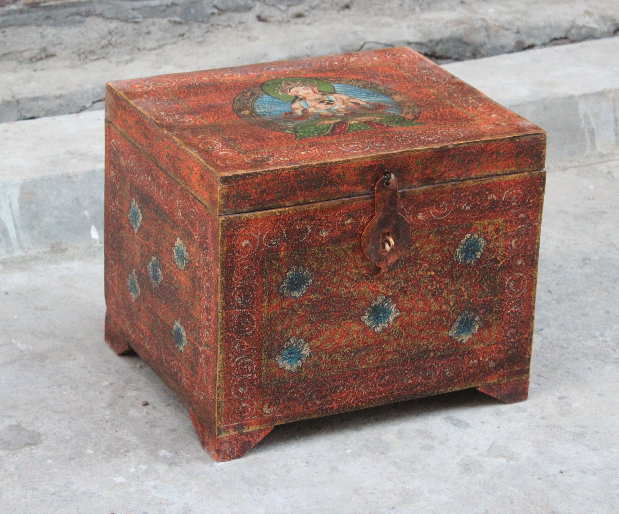 Antique Indian Wooden Hand Painted storage chest Trunk