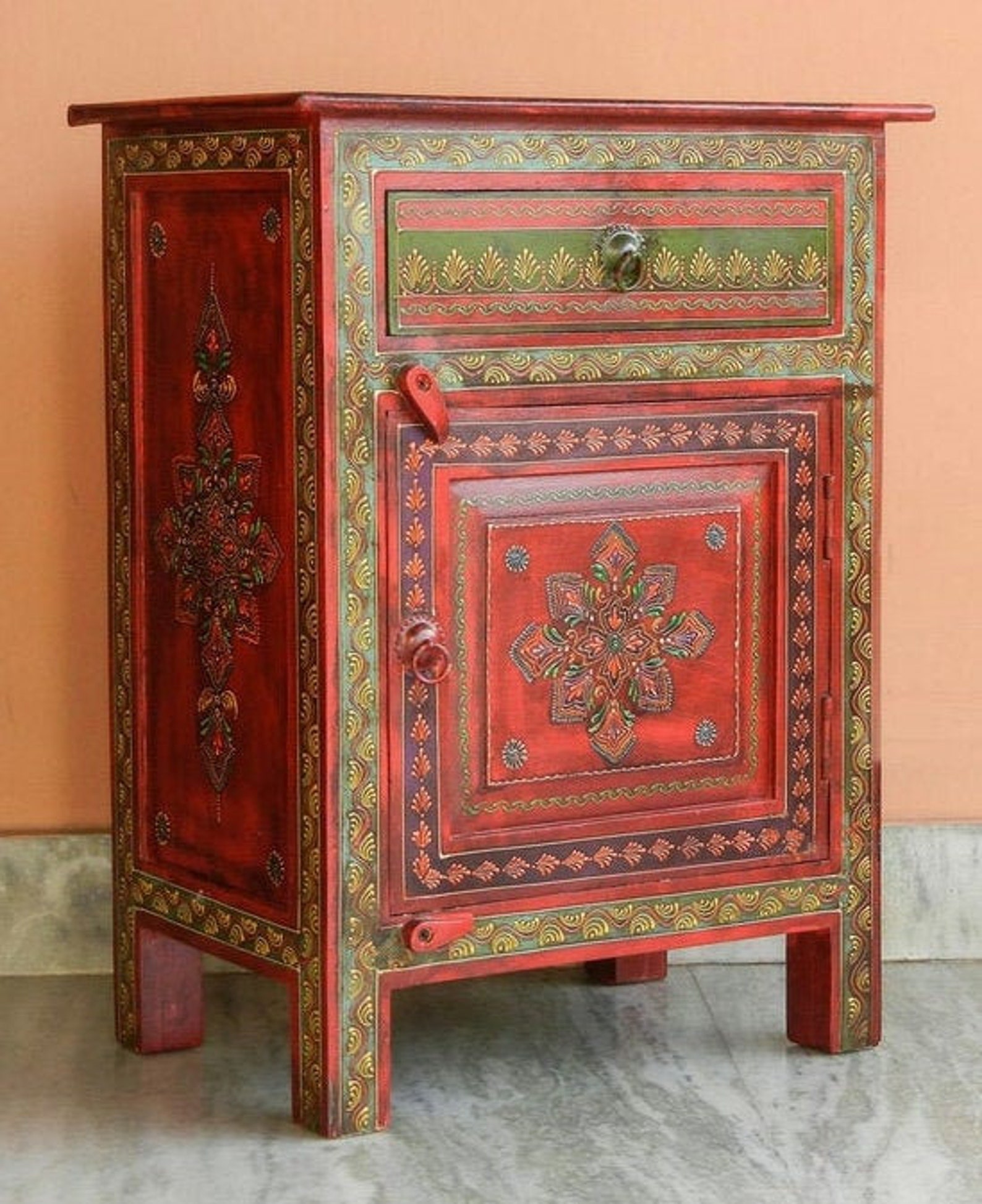Indian Wooden Hand Painted Bedside Nightstand /side Etsy