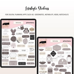 Könnte beinhalten: Ein Set digitaler Planer-Sticker in einem rosa und braunen Farbschema. Die Sticker zeigen verschiedene Aktivitäten und Aufgaben, wie z. B. "Garten", "Feiern", "Zahltag", "Training", "Mittagsschlaf", "Tankfüllung", "Wellness-Tag", "Ins Fitnessstudio gehen", "Meditieren" und "Sendungen nachholen". Die Sticker sind für die Verwendung mit digitalen Planungs-Apps wie Goodnotes, Notability, Xodo und Noteshelf2 konzipiert.