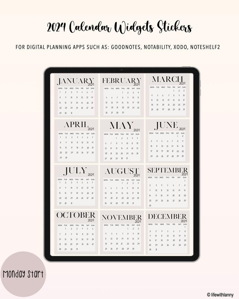 2024 mini monthly calendar stickers for goodnotes noteshelf notability
