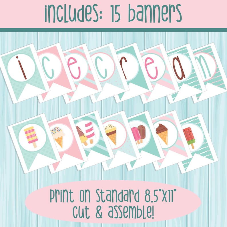 Puede incluir: Conjunto de pancartas de helado imprimibles con 15 banderas. Las banderas presentan la palabra "helado" en letras rosas y marrones sobre un fondo a rayas azul y blanco. Las banderas tambi&eacute;n presentan varios helados, incluyendo conos, paletas y una paleta de sand&iacute;a.