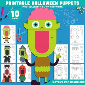 May include: A printable Halloween puppets set with pre-colored and black and white options. The image shows a large green monster puppet with a pink brain and mouth, along with 10 pages of puppet designs. The text says "Instant PDF Download".