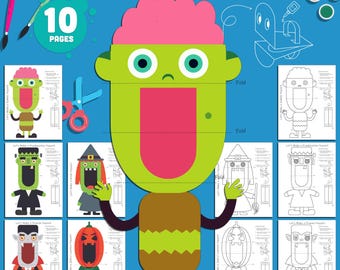 Marionetas de Halloween imprimibles: Kit de manualidades de 10 páginas, espeluznantes y divertidas, precoloreadas y en blanco y negro, perfectas para fiestas de Halloween infantiles y diversión escolar.