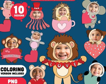Valentine Animal Add Your Own Face Crafts, Fun Body Templates with Coloring Pages, Valentine Photo Activity for Kids, PDF & PNG