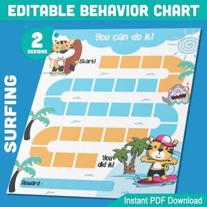 Tabella del comportamento degli animali che fanno surf - 2 design divertenti, 8,5x11 pollici, PDF scaricabile immediatamente, perfetto per la motivazione e l'organizzazione dei bambini