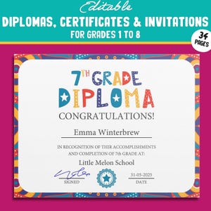 Bearbeitbare 7.Klassen-Diplome, 1.-8.Klasse-Zertifikate und Einladungsvorlagen in professionellem Design - 34 Seiten, PDF Instant Download