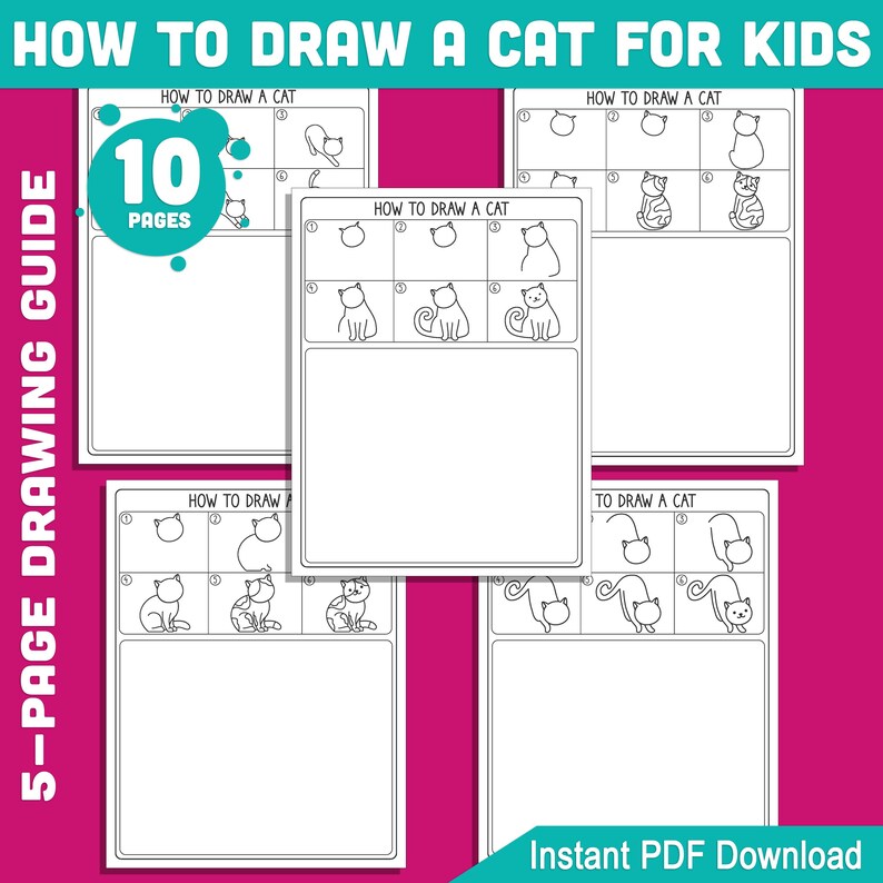 Learn How to Draw a Cat for Kids: 5-page Step-by-step Directed Drawing ...