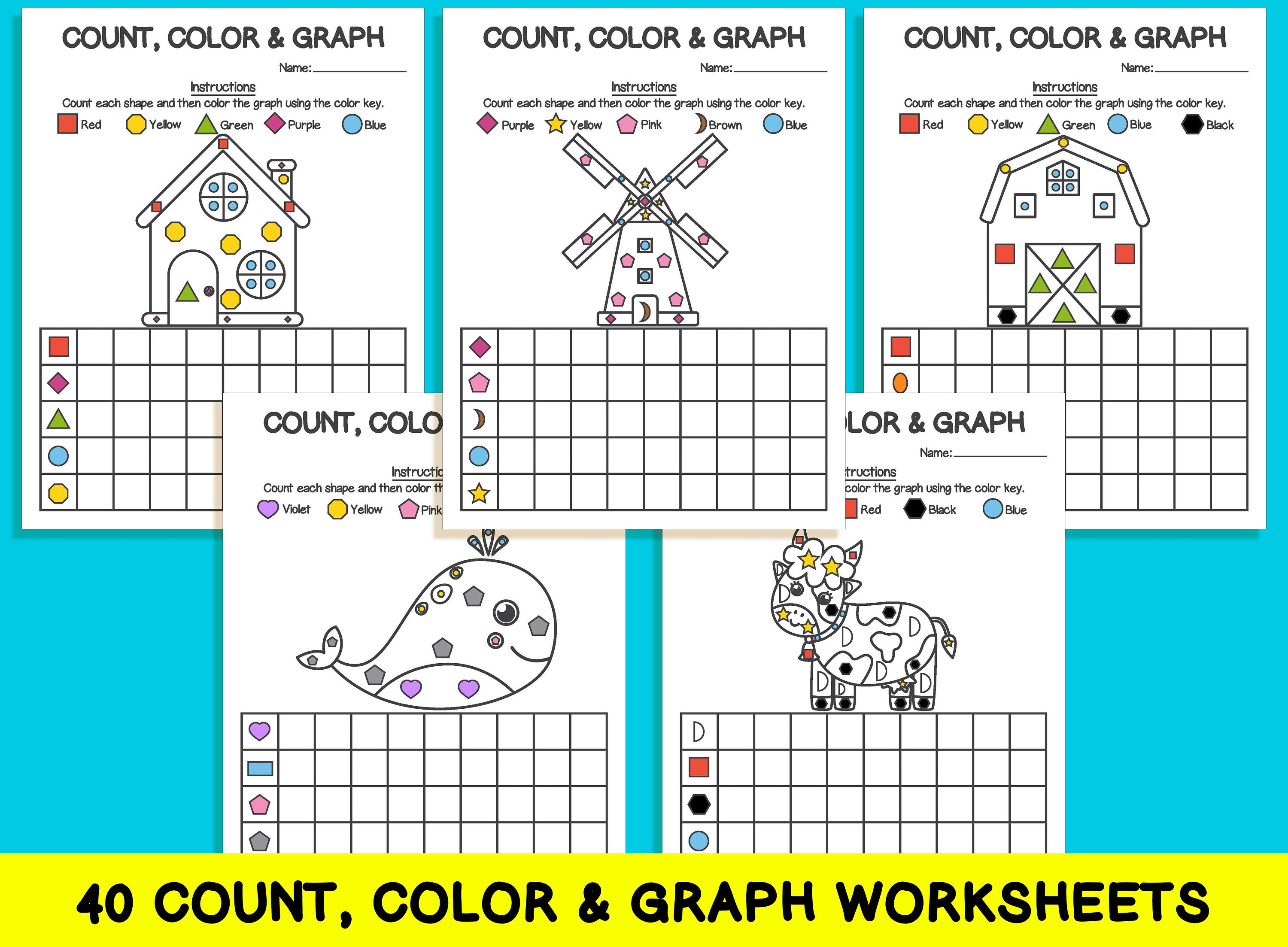 40 Count Color & Graph Worksheets Count and Graph Shapes - Etsy