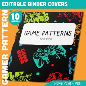 10 Editable Gamer Pattern Binder Covers, Includes 1&quot;, 1.5&quot;, 2&quot; Spines, Available in A4 & US Letter, Editing with PowerPoint or PDF Reader