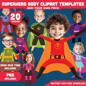 Superheld Körper Clipart für Kinder - Füge Dein eigenes Foto zu! Helle + Dunkle Hauttöne, PDF + PNG + Ausmalbilder, Instant Download