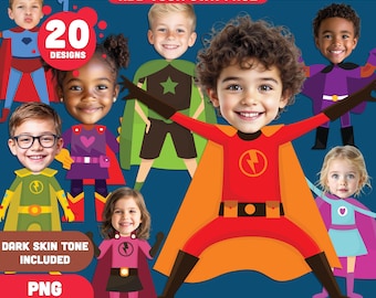 Imágenes prediseñadas de cuerpos de superhéroes para niños: ¡Añade tu propia foto! Tonos de piel claros y oscuros, PDF + PNG + páginas para colorear, descarga instantánea