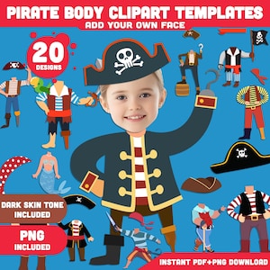 Pirate Body Clipart Templates: Add Your Photo Face, Printable Pirate Cutouts for Kids’ DIY Craft Fun, Light + Dark Skin Tone, PDF + PNG