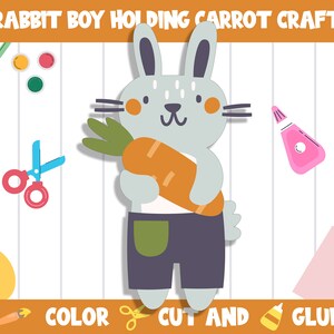 May include: A craft project featuring a gray rabbit holding a carrot. The image includes instructions to color, cut, and glue the craft.
