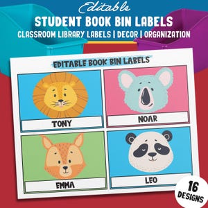 Editable Cute Animal Library Book Bin Labels: 16 Customizable Designs for Perfect Classroom Decor