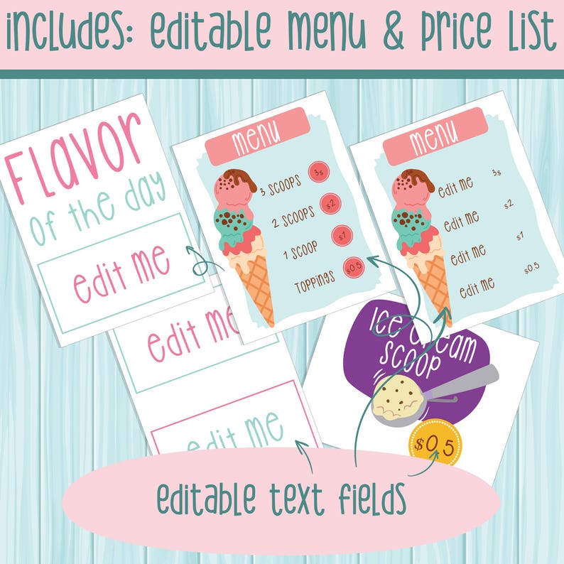 Puede incluir: Plantilla de men&uacute; de helado editable con un esquema de color rosa y azul. El men&uacute; incluye una secci&oacute;n para "Sabor del d&iacute;a" y una lista de precios para diferentes tama&ntilde;os de bolas y toppings. Los campos de texto son editables, lo que te permite personalizar el men&uacute; con tus propios sabores de helado y precios.
